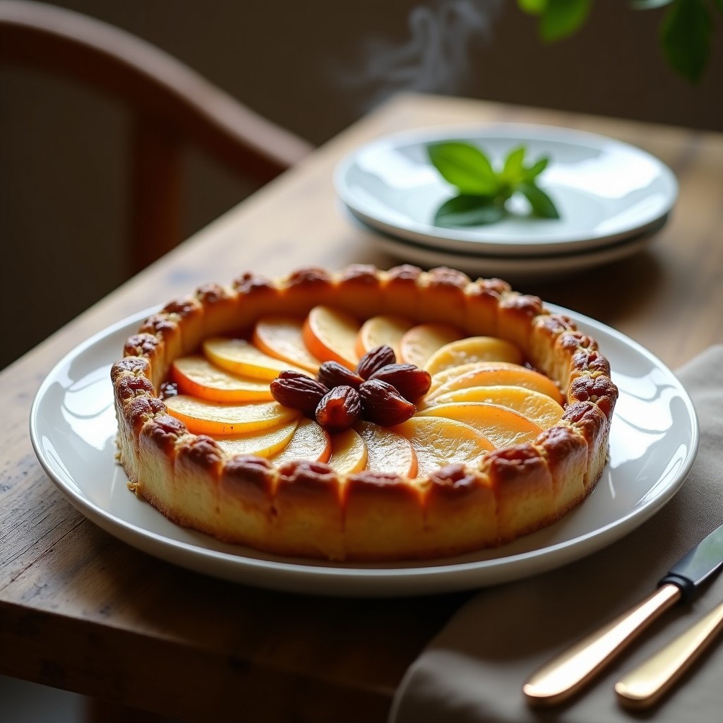 Tarta tatin vegana sin azúcar en plato blanco, con manzanas Golden caramelizadas y dátiles, masa dorada y crujiente, decorada con nueces picadas.