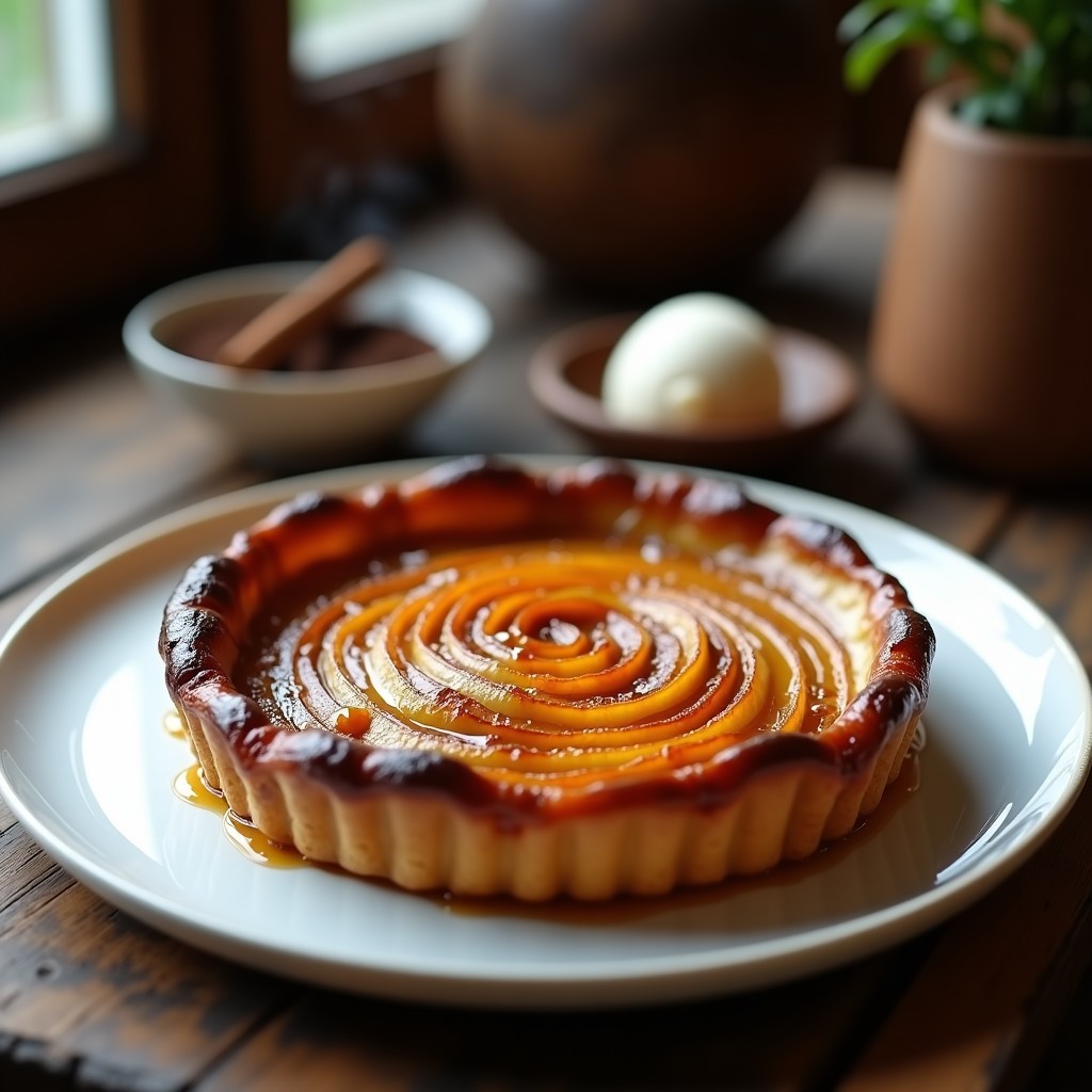 Tarta tatin de panela y café colombiano desmoldada en plato blanco, con manzanas caramelizadas en espiral y caramelo brillante, servida con helado de vainilla.