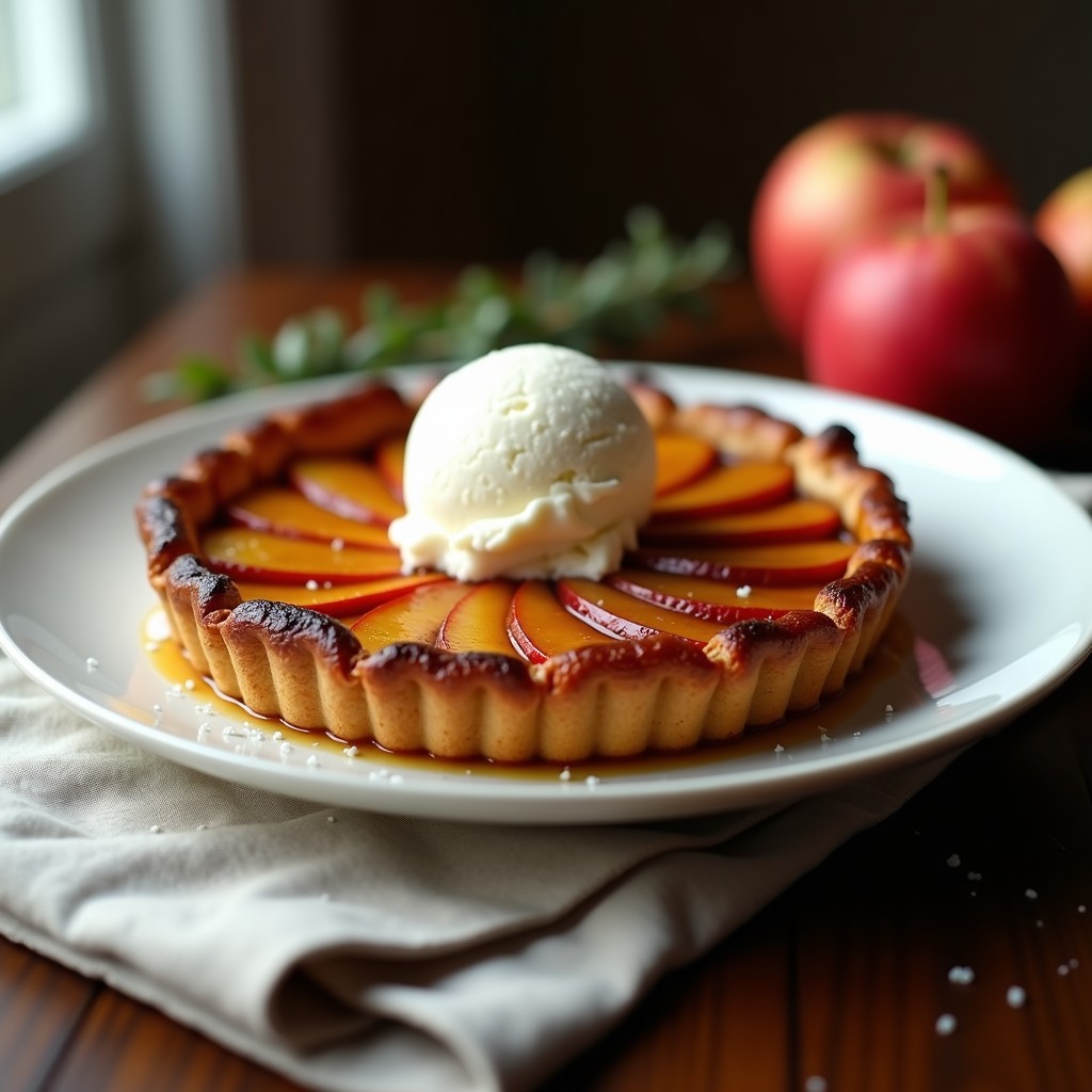 Tarta tatin dorada con manzanas caramelizadas y panela, caramelo salado brillante y masa quebrada crujiente, servida en plato rústico.