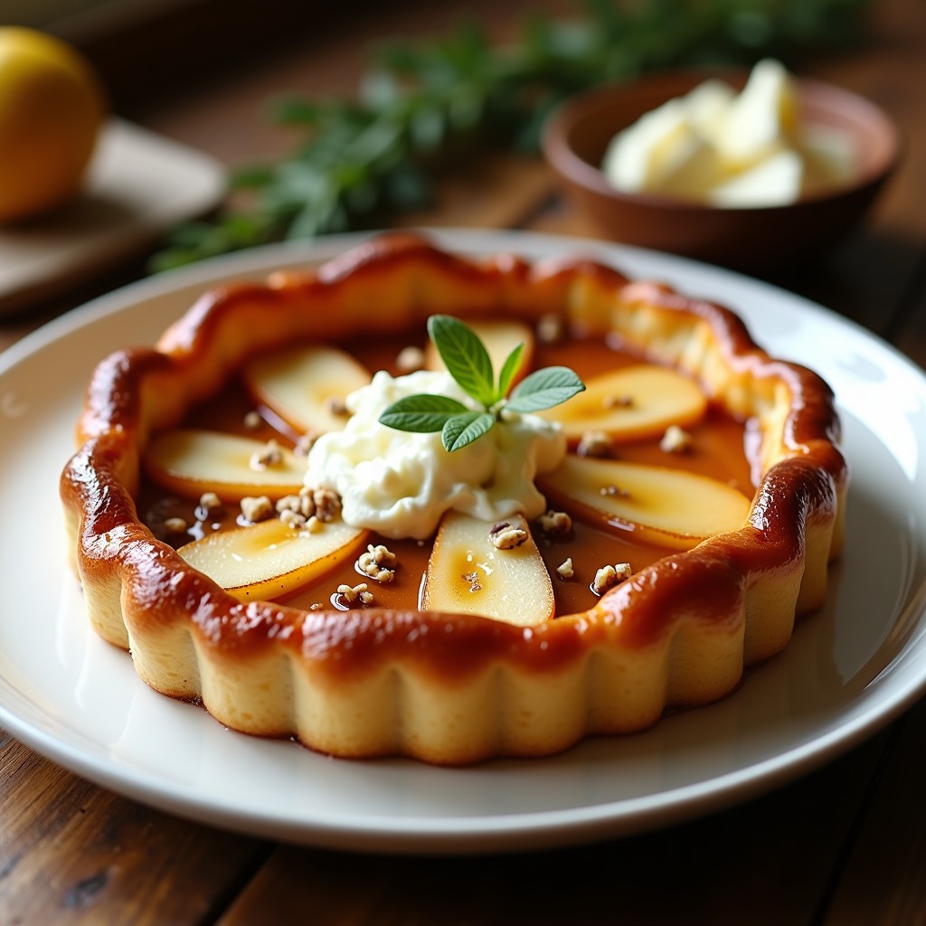 Tatin de peras con gorgonzola y miel servido en plato blanco, mostrando peras caramelizadas doradas, hojaldre crujiente y trozos cremosos de gorgonzola derritiéndose con hilos de miel de romero.