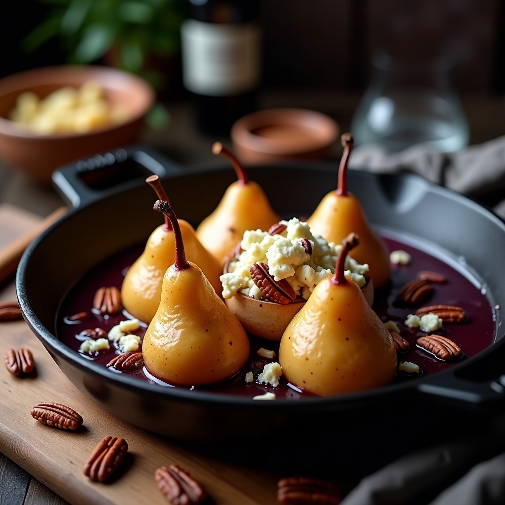 Molde de hierro fundido con peras Williams doradas al vino tinto, cubiertas de caramelo brillante y trozos derretidos de gorgonzola, espolvoreadas con nueces pecanas tostadas. Postre gourmet de peras al vino tinto con gorgonzola.