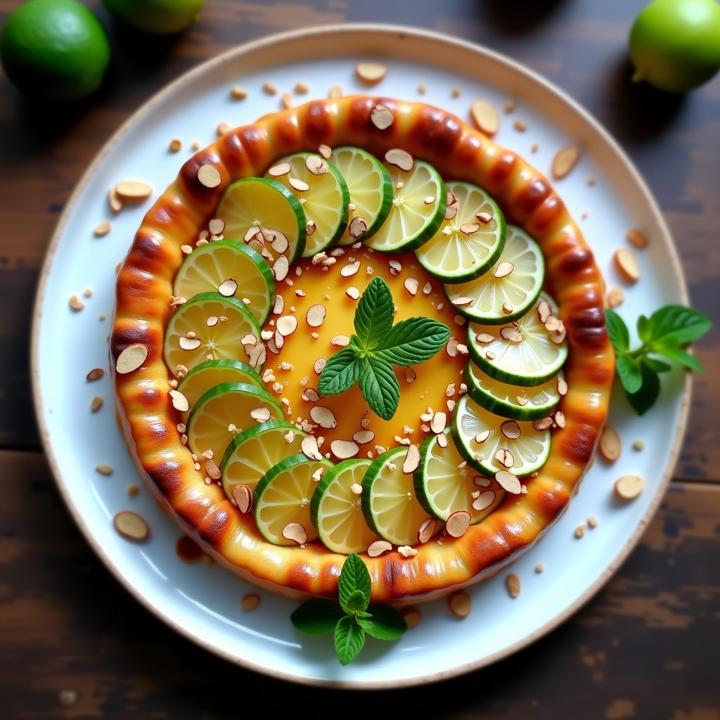 Tatin de pepino y lima en plato blanco rústico, con caramelo dorado brillante, rodajas de pepino y lima superpuestas, y almendras fileteadas tostadas en la superficie. Postre gourmet sin azúcar con textura sedosa.