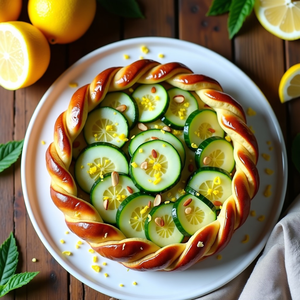 Tartaleta tatin vegana dorada con rodajas de pepino y limón, almendras tostadas y hojaldre crujiente, servida en plato blanco sobre fondo rústico.