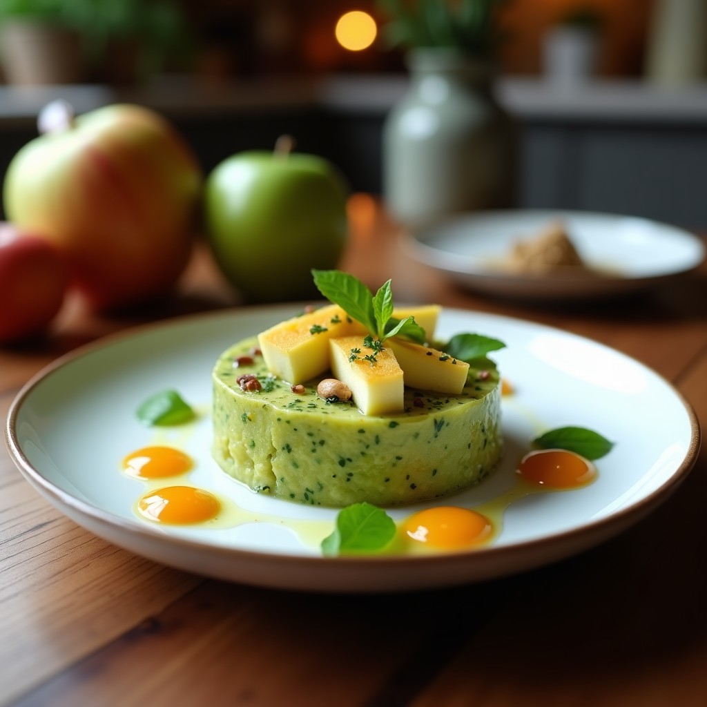 Copa de cristal transparente con tartar de pepino y manzana vegano, decorado con semillas de sésamo y hojas de cilantro fresco, sobre fondo de madera rústica.