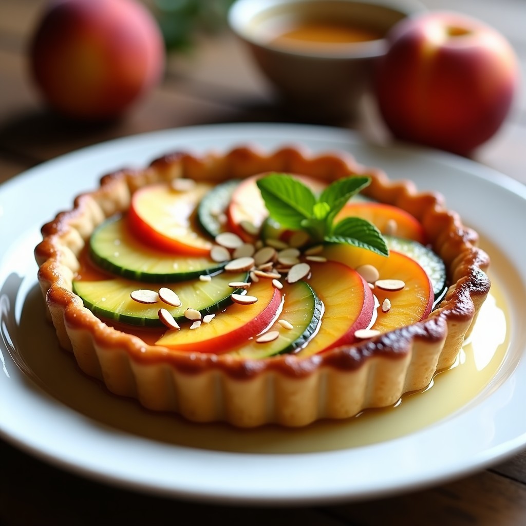 Tarte tatin vegana de pepino y melocotón en plato blanco, con rodajas de pepino caramelizado y melocotón dorado, decorada con almendras fileteadas y un toque de vainilla.