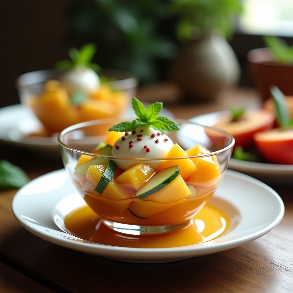 Copa de cristal con tartar tatin vegano de pepino y melocotón, caramelo de dátiles y crema de anacardos, decorado con hojas de menta.