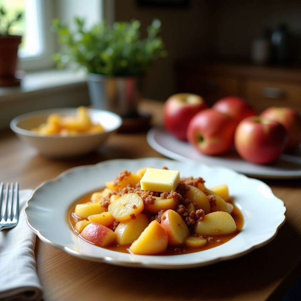 Tatin de manzana en olla lenta servida en plato blanco, con gajos de manzana caramelizados y masa dorada, acompañada de helado de vainilla y almendras fileteadas.