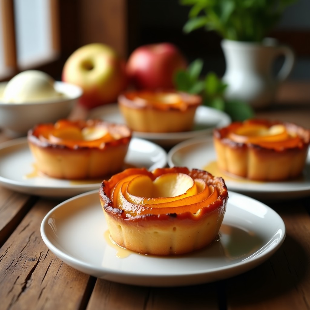 Cuatro tatin de manzana en moldes individuales dorados, con manzanas caramelizadas y masa hojaldrada crujiente, servidos en platos blancos sobre una mesa de madera rústica.