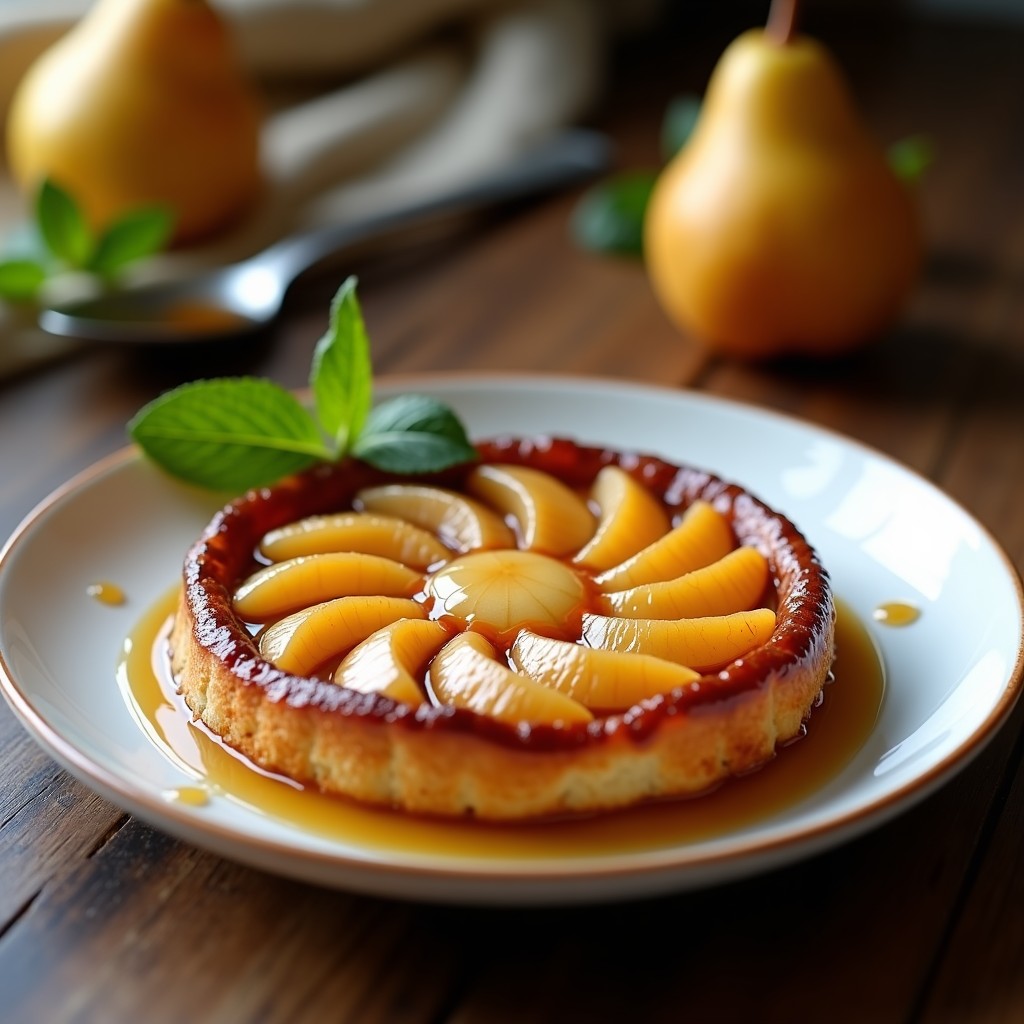 Tatin de pera caramelizada en plato blanco, con peras doradas y caramelo brillante sobre masa quebrada crujiente, receta Thermomix.