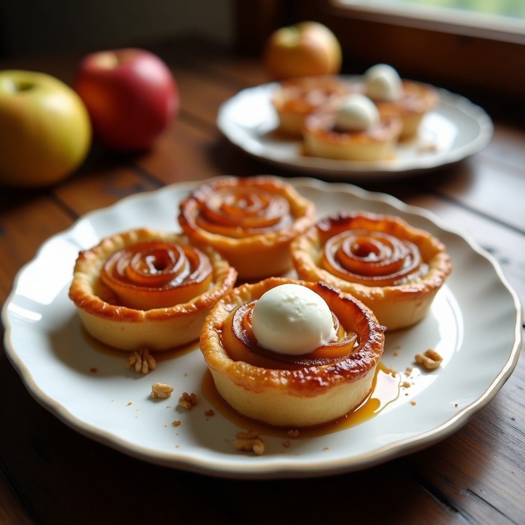 Mini tatin de manzana doradas en moldes individuales, con caramelo brillantes y masa hojaldrada crujiente, servidas en plato blanco rústico.