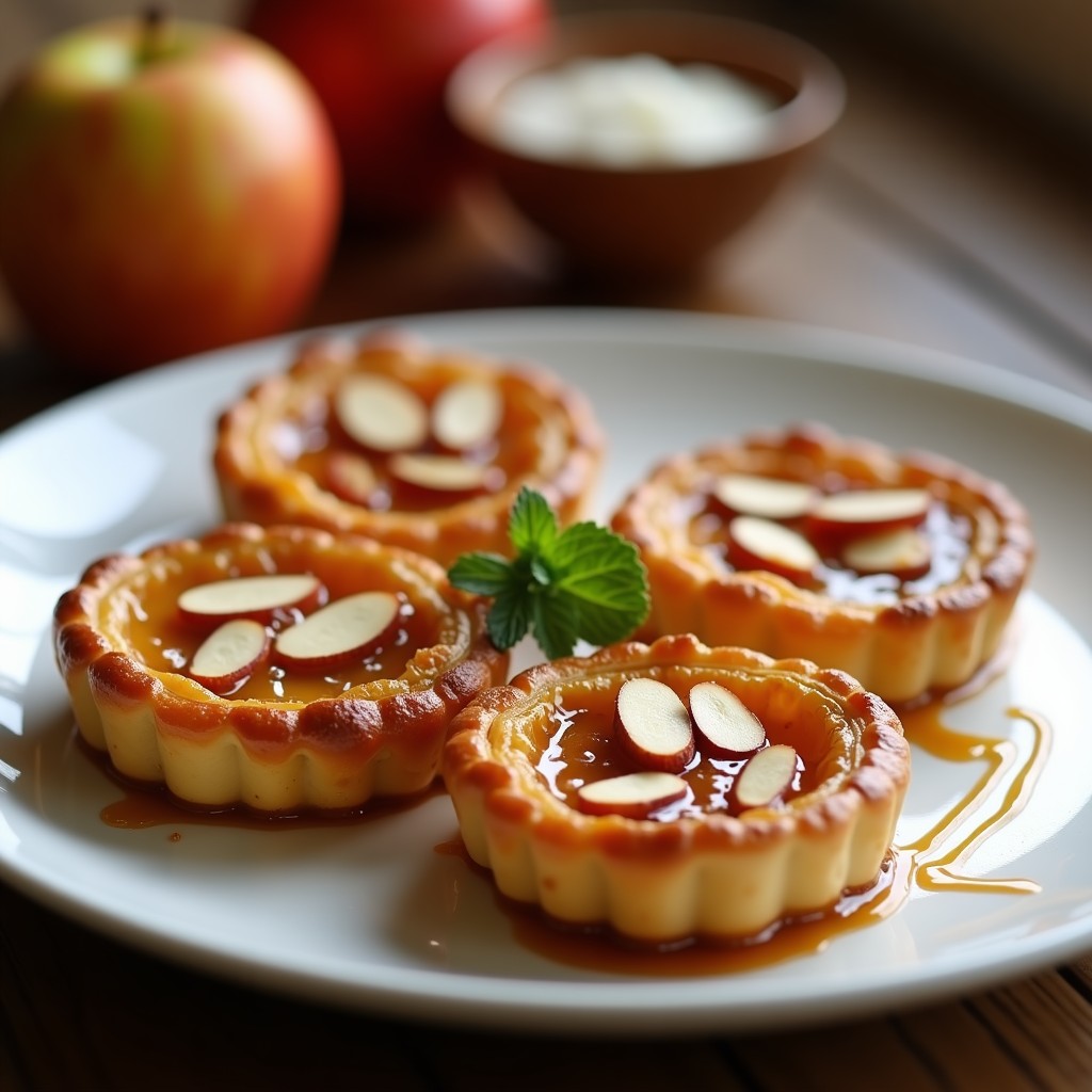 Tatines de manzana caramelizada en airfryer servidas en plato blanco, con masa hojaldre dorada, gajos de manzana tiernos y almendras tostadas por encima, caramelo brillante.