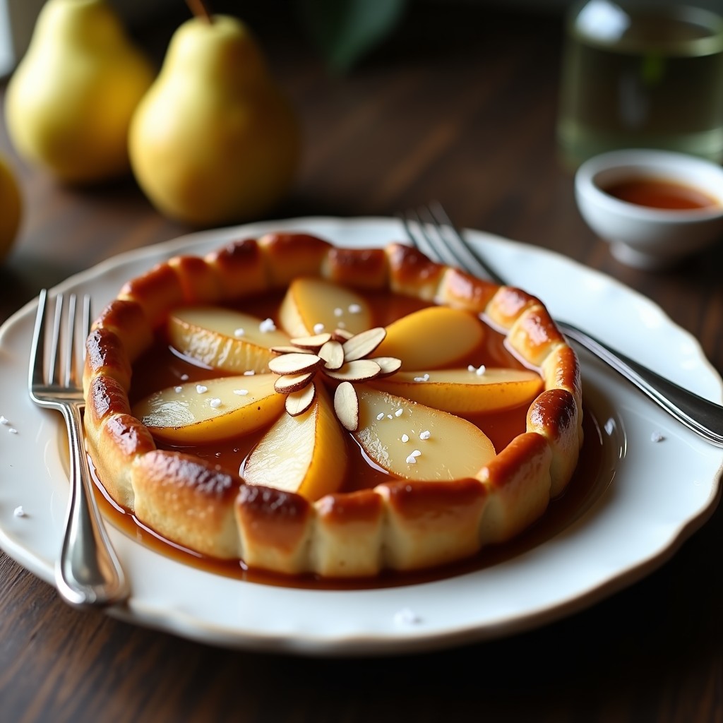 Tatin de pera al caramelo salado servido en plato blanco, con peras doradas bañadas en caramelo brillante, masa quebrada crujiente y almendras fileteadas espolvoreadas, receta olla lenta.