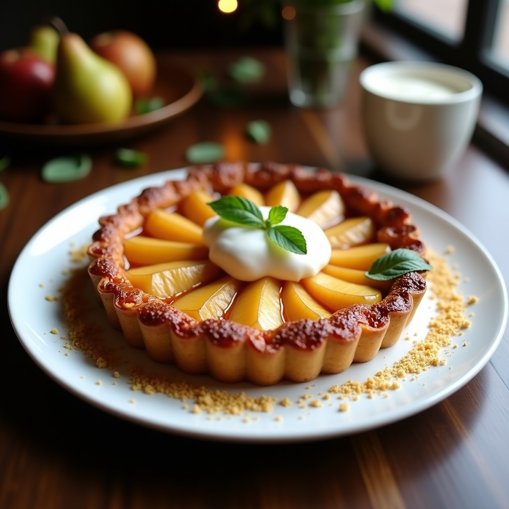 Tarta Tatin de pera y cardamomo sin azúcar servida en plato blanco, con peras doradas caramelizadas y masa crujiente, acompañada de crema batida y hojas de menta.