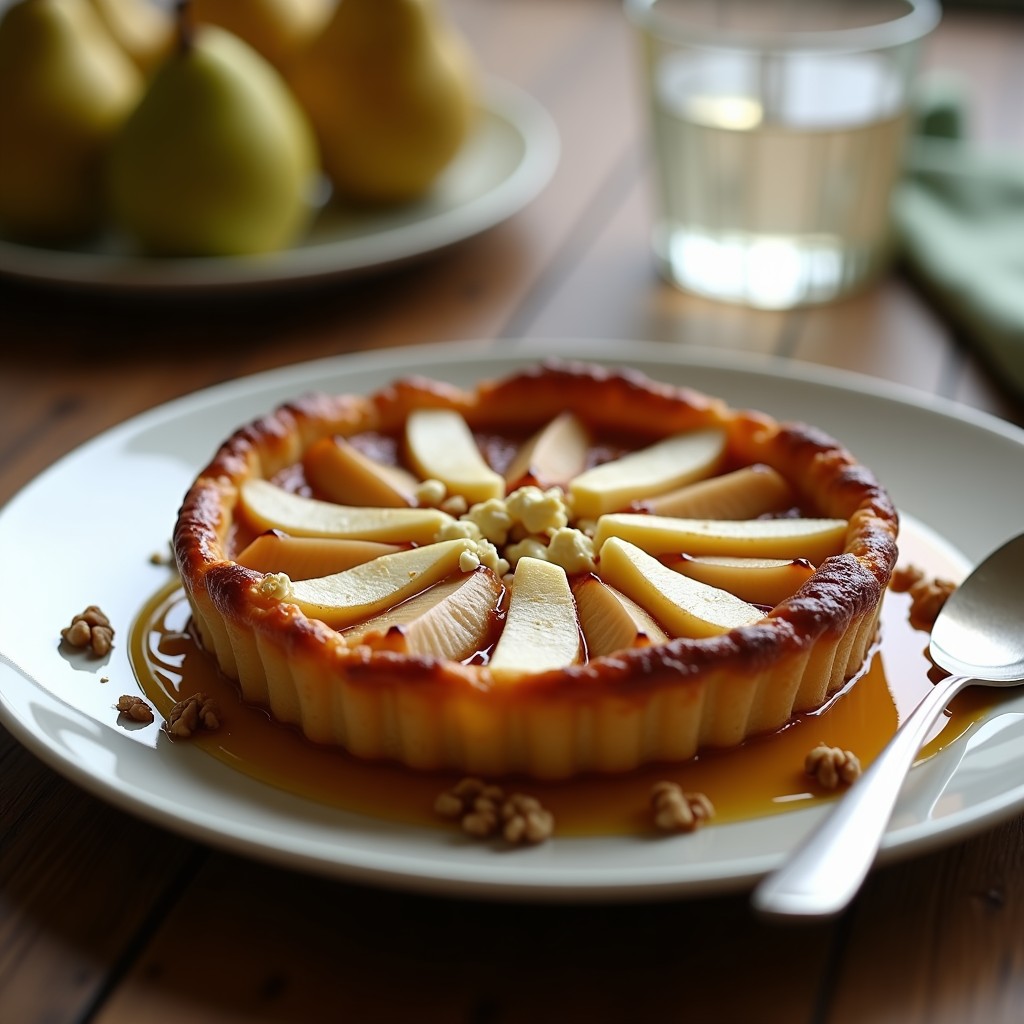 Tarta tatin dorada en plato blanco con peras caramelizadas y trozos de gorgonzola fundido, servida con nueces picadas y un hilo de miel, receta airfryer.