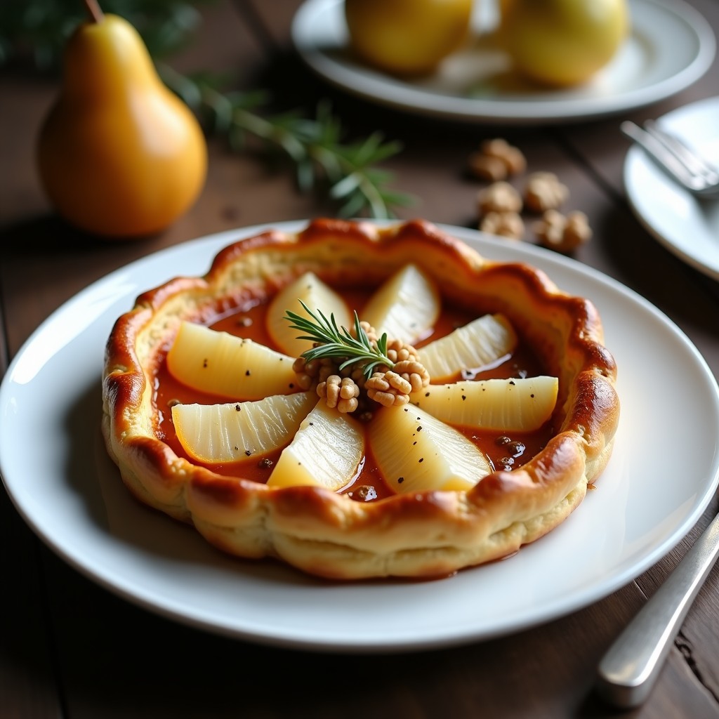 Tatin de pera y queso azul servido en plato blanco, con hojaldre dorado y crujiente, peras caramelizadas y trozos de queso azul fundido. Decorado con nueces y miel.
