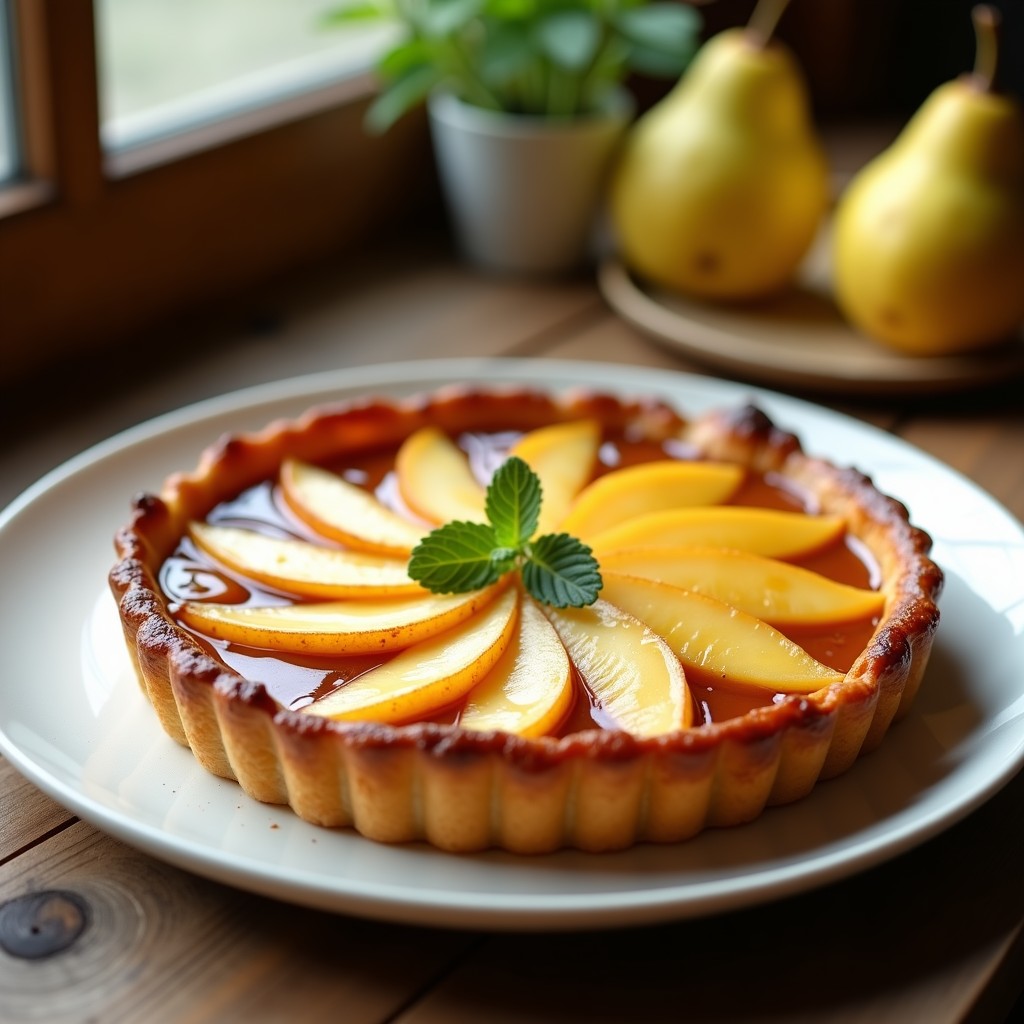 Tatin de peras doradas con caramelo de cúrcuma brillante, masa crujiente y almendras tostadas, servido en plato blanco con detalles de especias. Postre vegano y sin azúcar cocinado en airfryer.