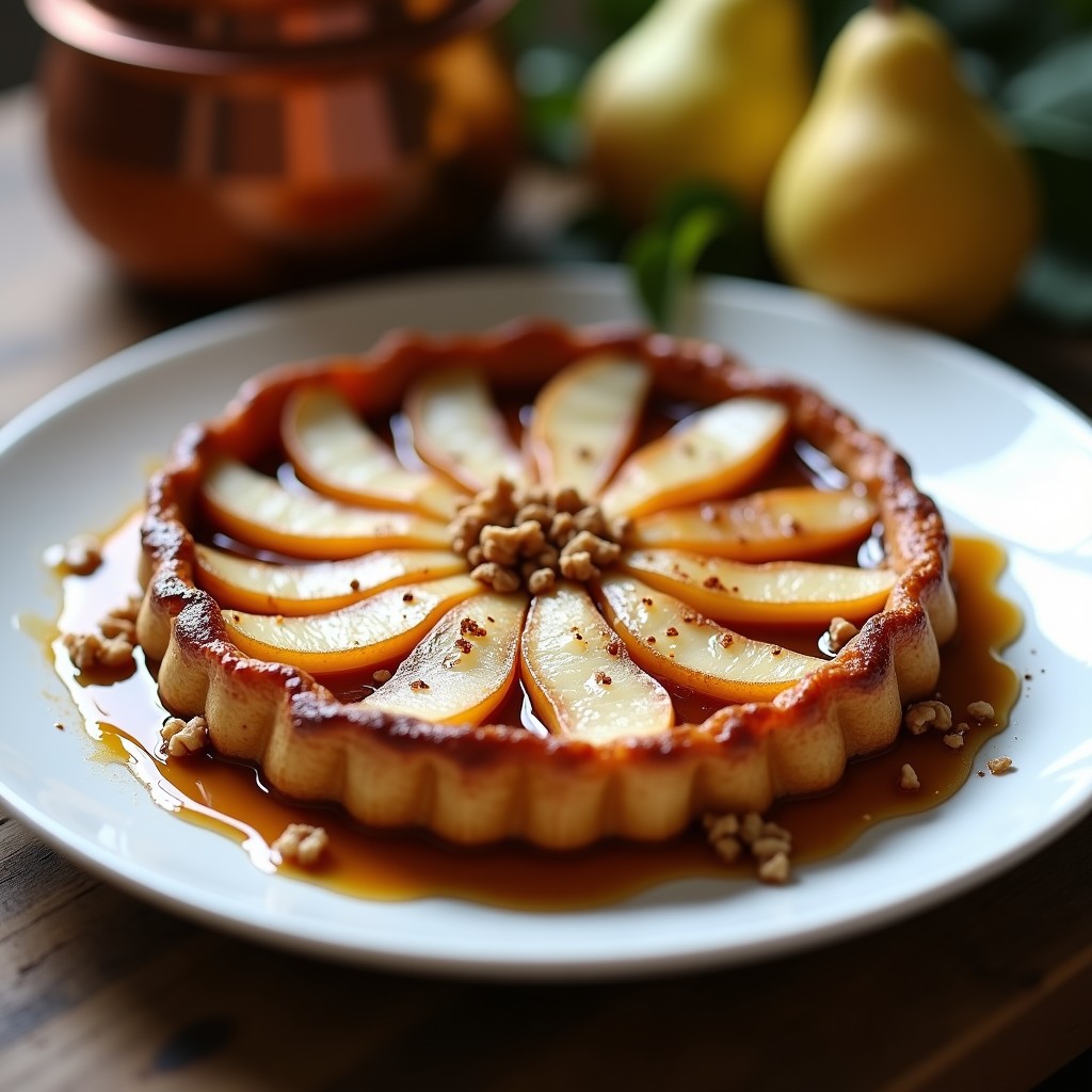 Tatin de peras doradas con caramelo brillante de dátiles y canela, servida en plato blanco con almendras fileteadas y rama de canela, receta sin azúcar en olla express.