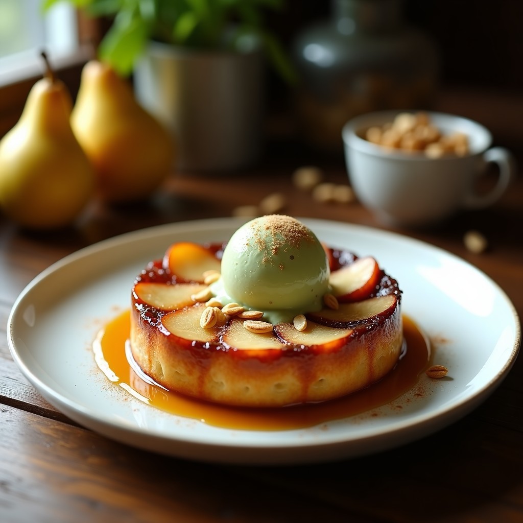 Tatin de Peras al Microondas con Helado de Matcha: Postre Francés en 12 Minutos Sin Horno