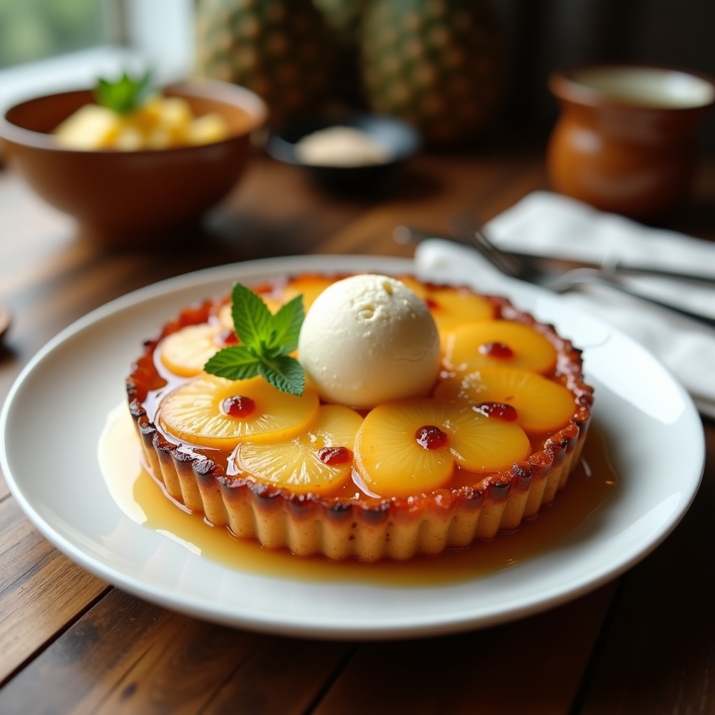 Tarta Tatin dorada de piña y jengibre en plato blanco, con caramelo brillante y rodajas de piña visibles, servida con helado de vainilla.
