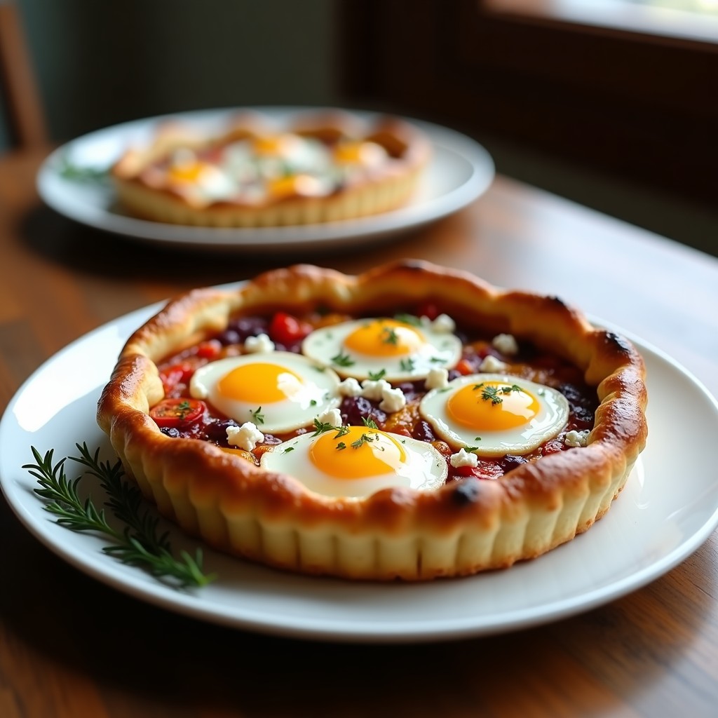 Tartaleta tatin de piperade vasca al horno, con base caramelizada de pimientos asados y cebolla morada, cubierta de masa brisa dorada y huevos con yema líquida, espolvoreada con queso de cabra.