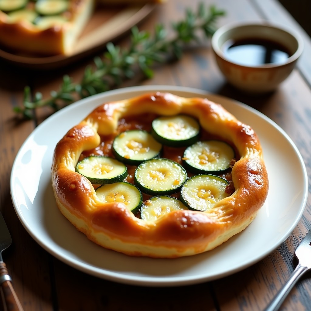 Tatin salada de calabacín y parmesano en airfryer, dorada y crujiente, con capas visibles de calabacín caramelizado y queso derretido, servida en plato blanco rústico.