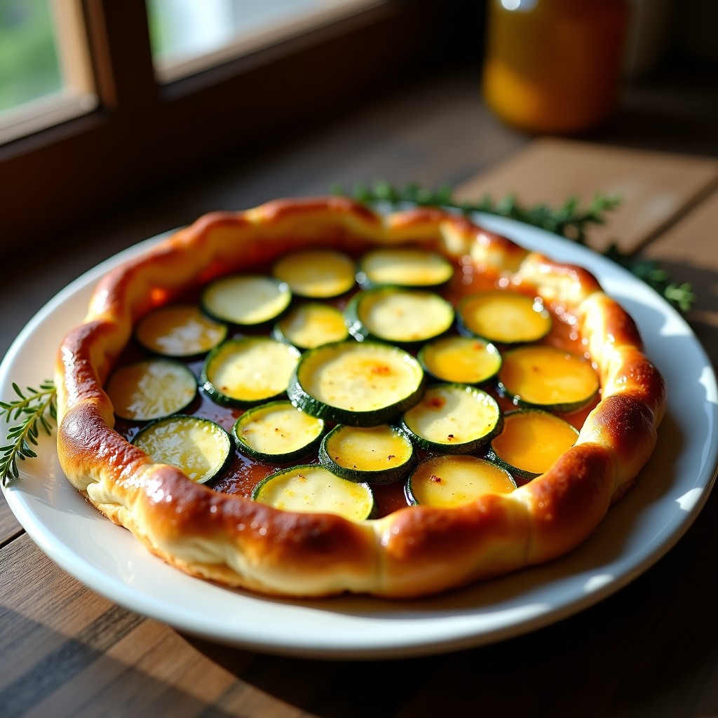Tarte tatin salada de calabacín y queso de cabra en plato blanco, con rodajas de calabacín caramelizado y queso derretido, masa de hojaldre dorada y tomillo fresco como decoración.