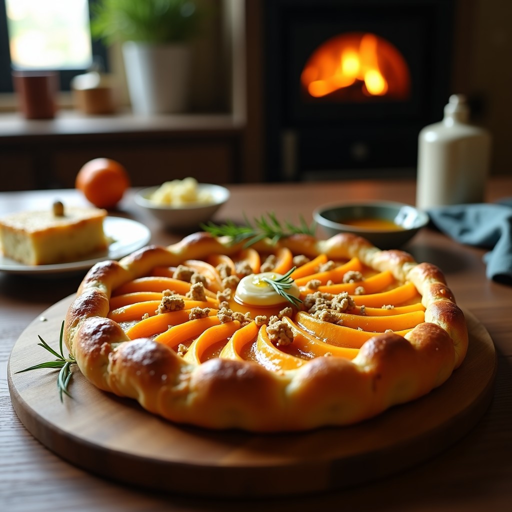 Tartín salada de calabaza asada y queso Cabrales derritiéndose, con caramelo de miel y nueces tostadas sobre masa de hojaldre dorada, receta al horno.