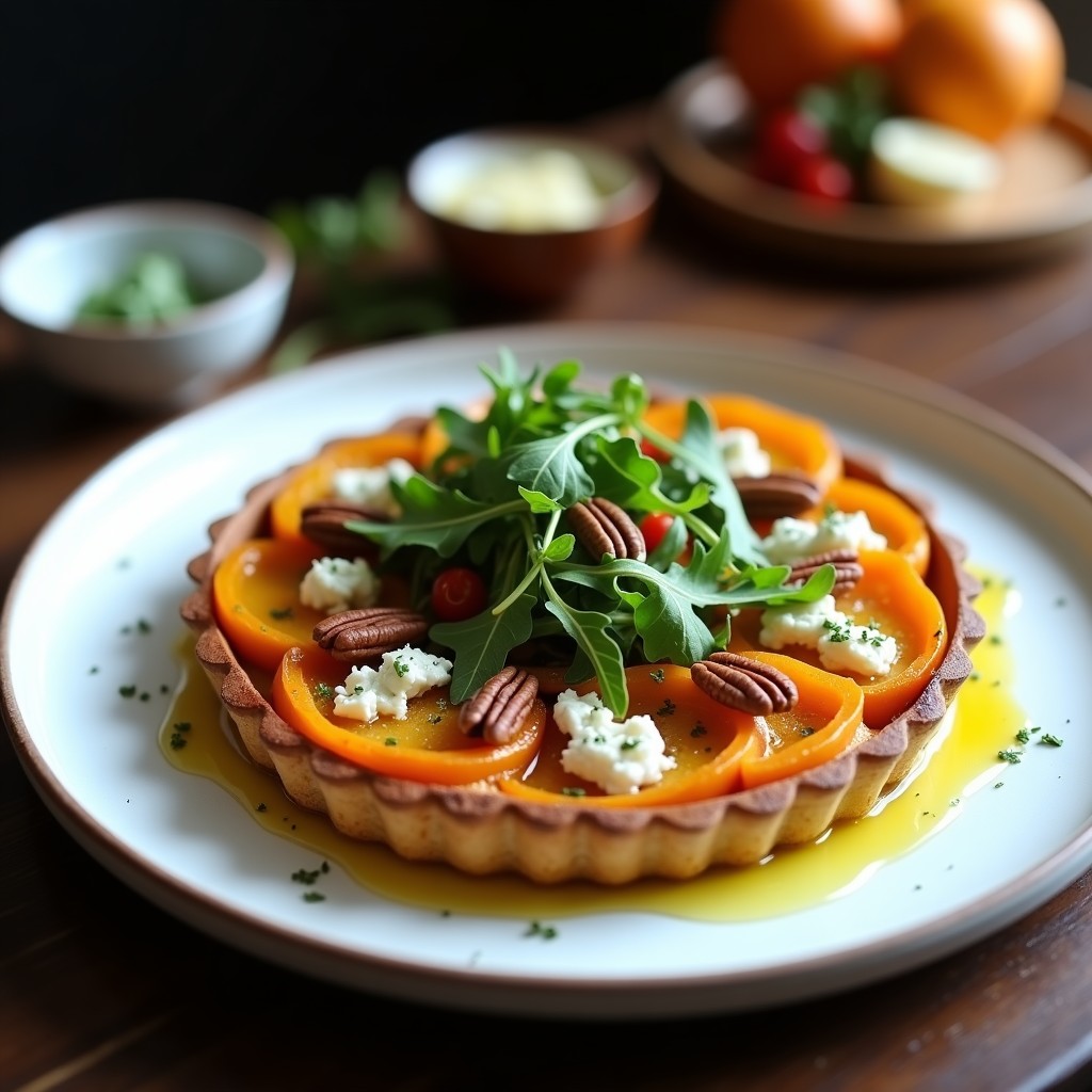 Tatin salada de calabaza butternut caramelizada con queso cabral desmenuzado, nueces pecanas y rúcula fresca, servida en plato hondo de cerámica blanca.
