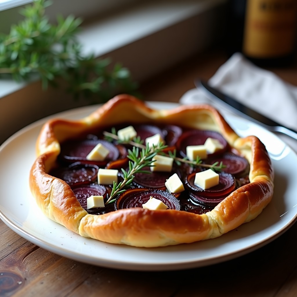 Tarta tatin salada recién horneada con cebollas moradas caramelizadas y queso de cabra derretido sobre masa quebrada dorada, servida en plato rústico.
