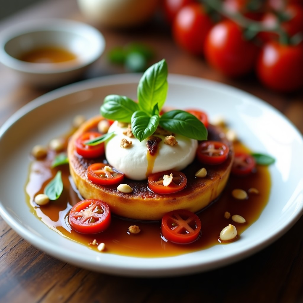 Plato blanco ovalado con tatin de tomates cherry caramelizados al revés, cubiertos de queso buratta cremoso y hojas de albahaca fresca. El caramelo brillante contrasta con el blanco del queso y el verde vibrante de la albahaca. Fondos de piñones tostados y un hilo de vinagre balsámico decoran el plato.
