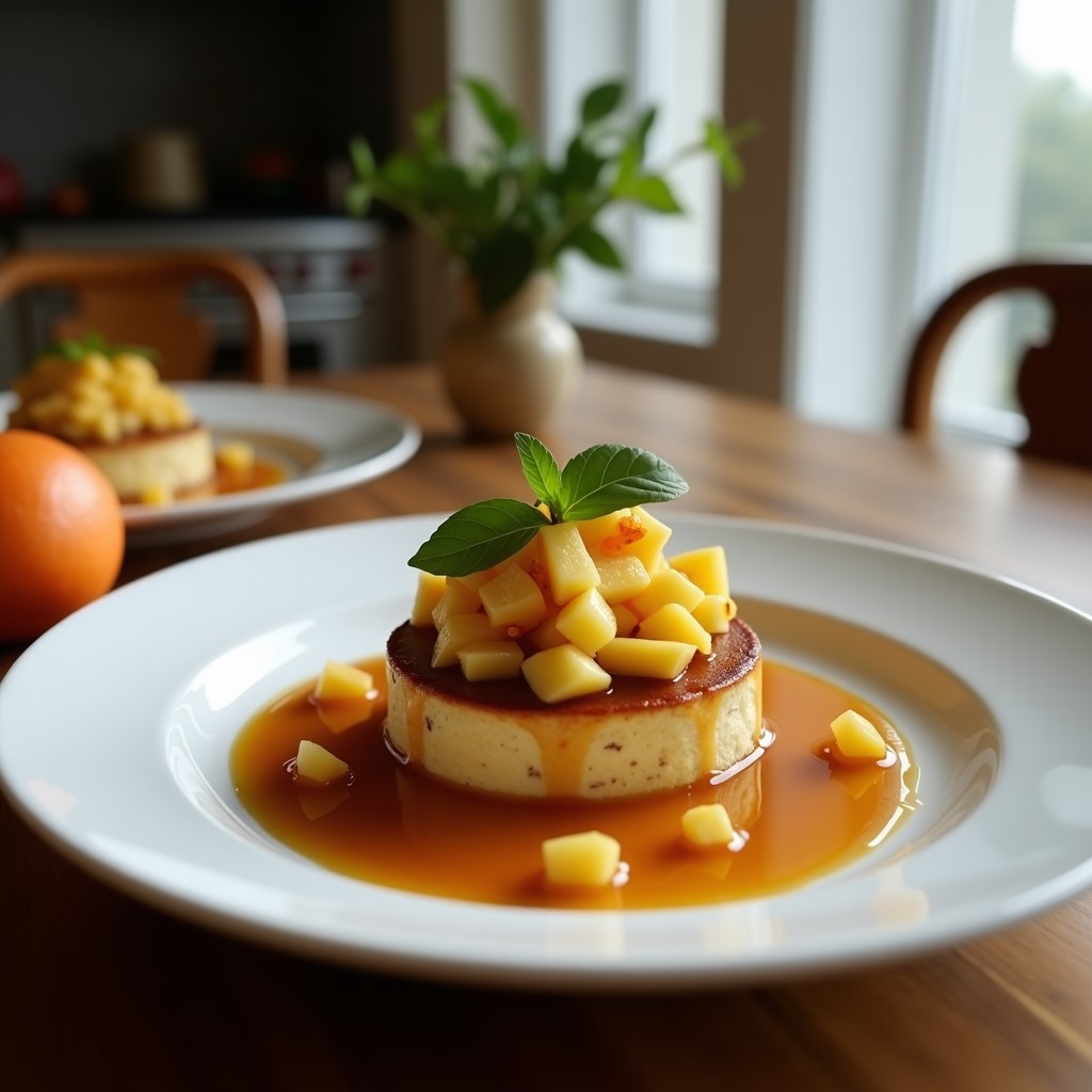 Tatin vegana de manzana y caramelo salado en plato blanco, con hojaldre dorado y crujiente, manzanas caramelizadas y un hilo de caramelo líquido brillando bajo la luz.