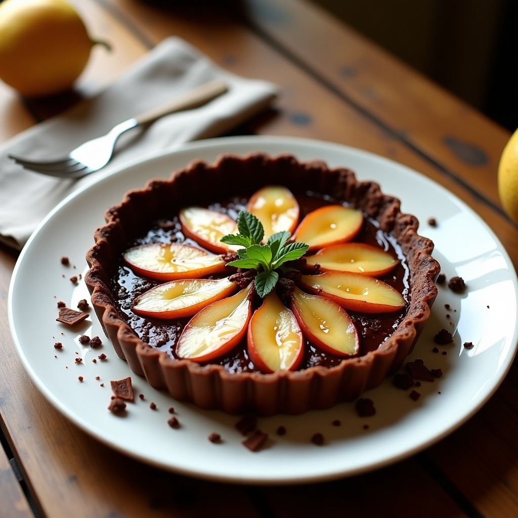 Tarta tatin vegana de pera y chocolate negro en plato blanco, con peras caramelizadas y base de chocolate brillante, servida con virutas de chocolate.