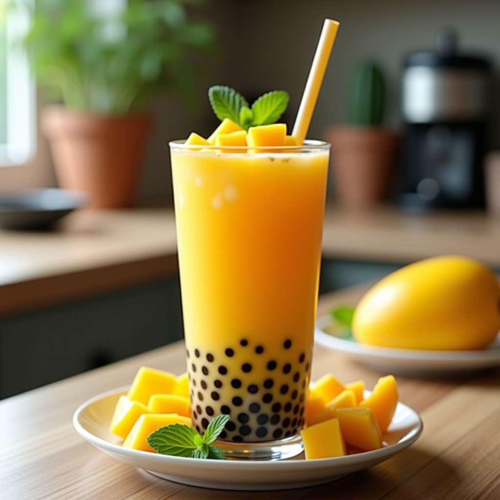 Vaso alto transparente con Tè de Burbujas de Mango y Chía, mostrando capas de semillas de chía gelatinosas en el fondo, líquido dorado de mango y té verde, cubos de mango fresco, hojas de menta y una pajita, servido sobre una mesa de madera con fondo borroso.