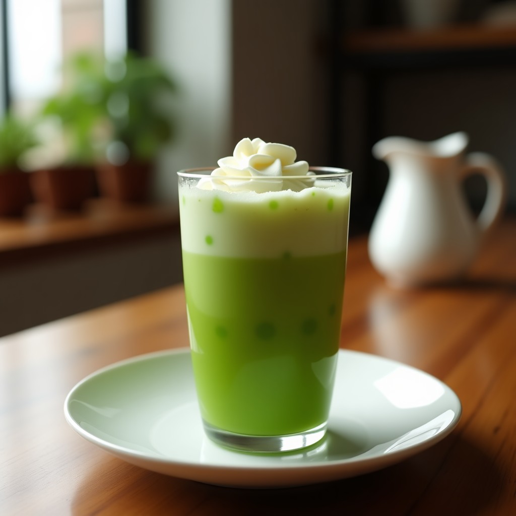 Vaso alto transparente con té de burbujas de matcha y coco vegano, lleno de burbujas de tapioca negras, hielo picado y semillas de chía espolvoreadas. La bebida tiene un color verde vibrante con capas cremosas, servida con una pajita ancha y decorada con una rodaja de limón.