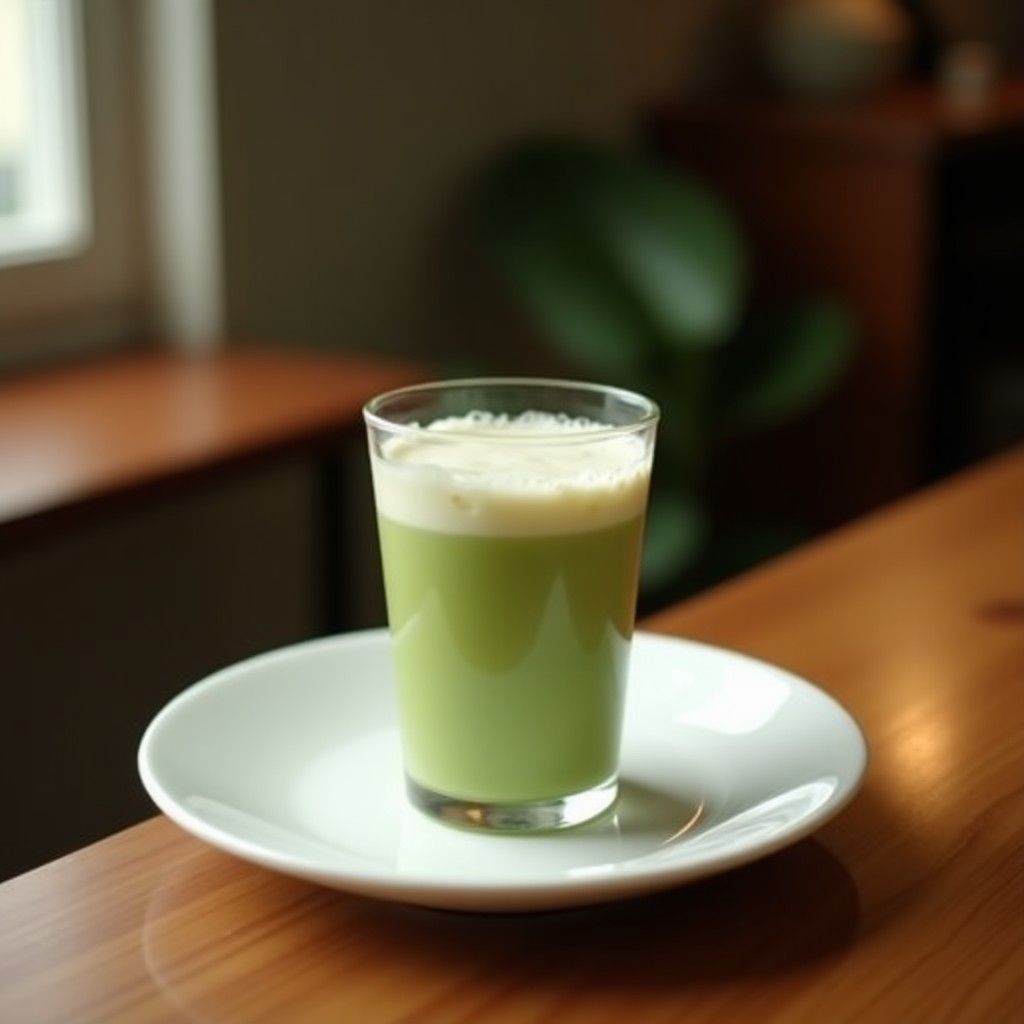 Vaso alto transparente con té de burbujas de matcha y leche de coco, repleto de perlas de tapioca moradas, verdes y blancas, espuma cremosa en la superficie y decoración con matcha en polvo, sobre fondo de madera rústica con hojas de menta.
