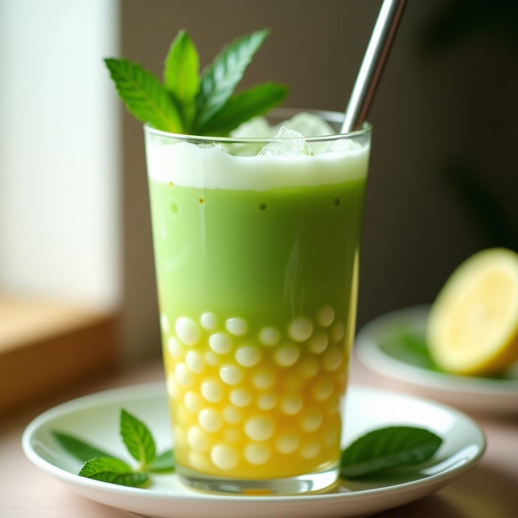 Vaso alto transparente con té de burbujas matcha y limón sin azúcar, burbujas de limón translúcidas en el fondo, líquido verde esmeralda con espuma superficial, decorado con hojas de menta y hielo picado, pajita de metal, fondo difuminado con tonos claros.