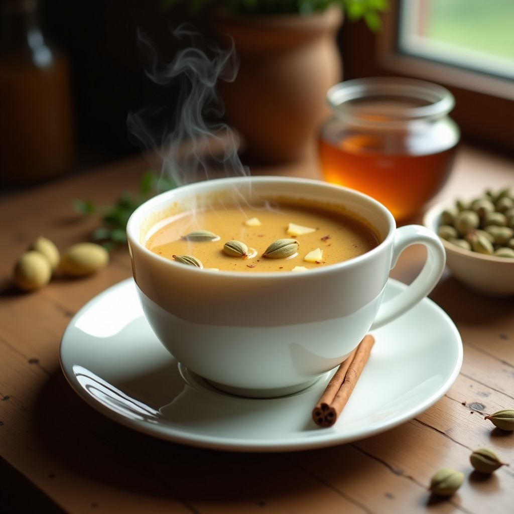 Taza de cerámica blanca humeante con té chai dorado y especiado, decorada con rodajas de jengibre fresco y vainas de cardamomo abiertas sobre una mesa de madera rústica. Bebida ayurvédica para activar el metabolismo.