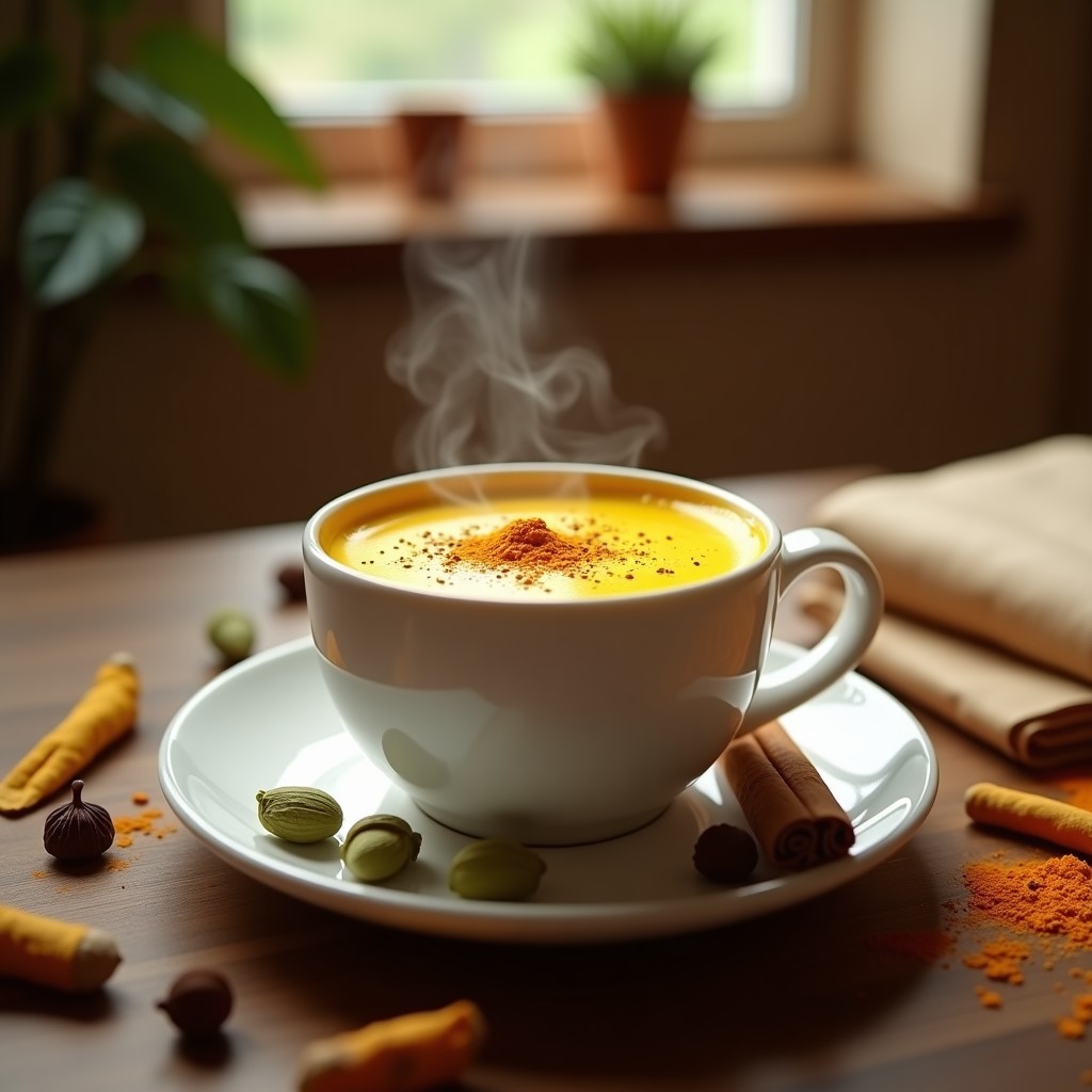 Taza de porcelana blanca con Té Chai de Cúrcuma Latte ayurvédico, espolvoreado con cúrcuma dorada y decorado con una rama de canela y semillas de cardamomo. Fondo rústico de madera con especias esparcidas y vapor ascendente.