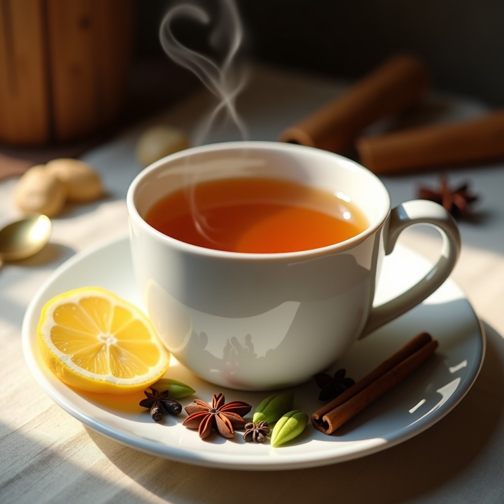 Taza de porcelana blanca con té chai dorado humeante, decorado con una rodaja de jengibre y una ramita de canela, sobre un mantel de lino rústico con especias esparcidas al lado. Bebida antiinflamatoria y digestiva.
