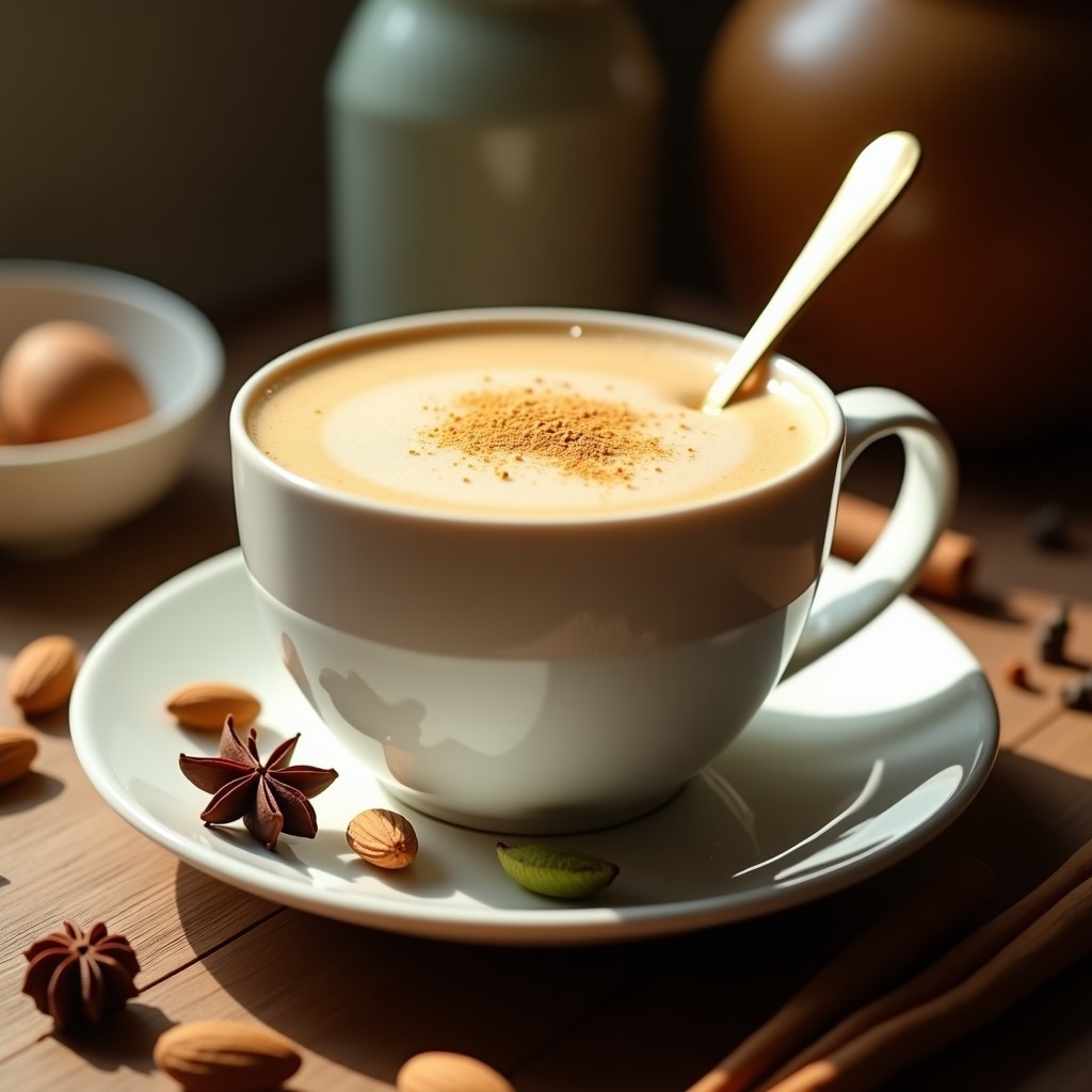 Taza de cerámica blanca con té chai de especias humeante, coronado con espuma de leche de almendras y una pizca de maca en polvo. Al fondo, especias enteras como cardamomo, canela y anís estrellado sobre una mesa de madera rústica.