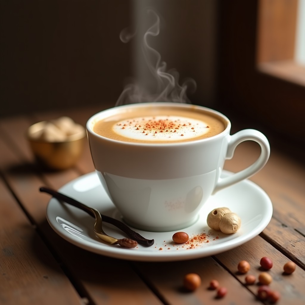 Taza de cerámica blanca con Té Chai Latte con leche de almendras, espolvoreado con pimienta rosa triturada, sobre una mesa de madera con especias enteras y una ramita de vainilla al lado.