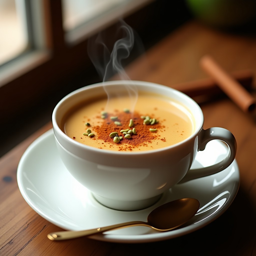 Taza de porcelana blanca con té chai dorado y espumoso, servido con leche de anacardos, decorado con especias tostadas (cardamomo, canela y azafrán) sobre una mesa de madera rústica con fondo desenfocado. Receta de té chai con leche de anacardos y especias toque dorado, sin lactosa.