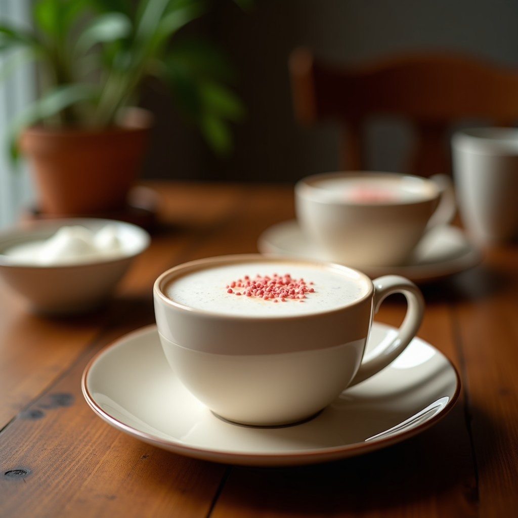 Taza de porcelana blanca con té chai humeante, espuma cremosa de leche de coco, especias flotantes como pimienta rosa y cardamomo, y una rama de canela como decoración sobre fondo de madera rústica.