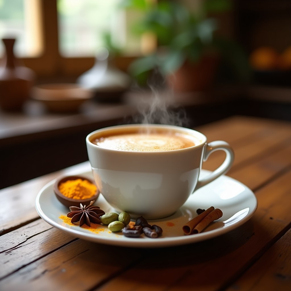 Taza de porcelana blanca humeante con té chai especiado de color dorado intenso, servido con leche de corzo, decorado con una pizca de cúrcuma en polvo y una rama de canela al lado. Fondo rústico con especias enteras esparcidas: cardamomo, clavo y anís estrellado.