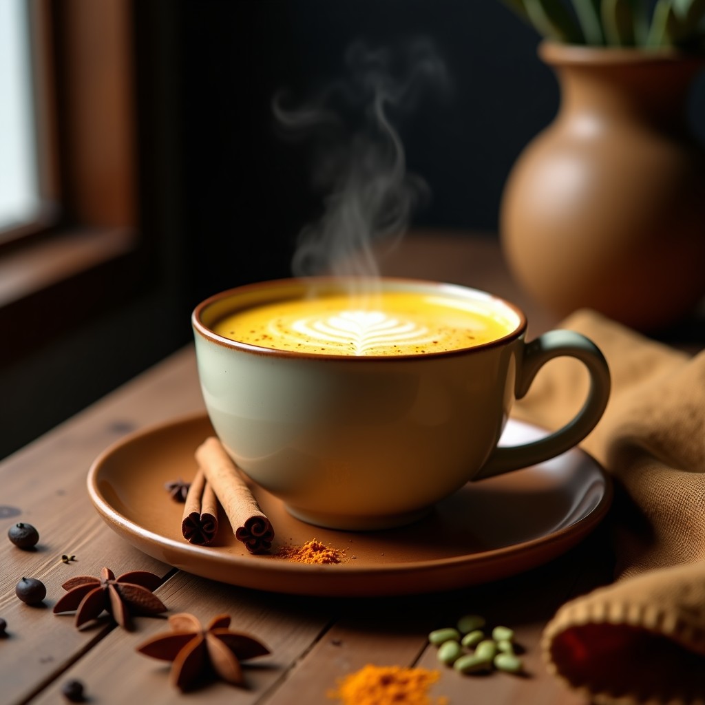 Taza de cerámica blanca con té chai dorado y espumoso, servido con leche de macadamia, especias enteras y una pizca de cúrcuma en polvo alrededor. Fondos cálidos y texturas cremosas, destacando su origen indio y propiedades antiinflamatorias.