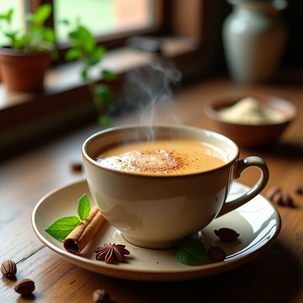 Taza de cerámica blanca humeante con té chai especiado de color dorado intenso, espolvoreado con maca en polvo, sobre una mesa de madera rústica con especias enteras (canela, cardamomo, anís estrellado) y una cucharita de miel al lado. Bebida ayurvédica energética con leche de avena.