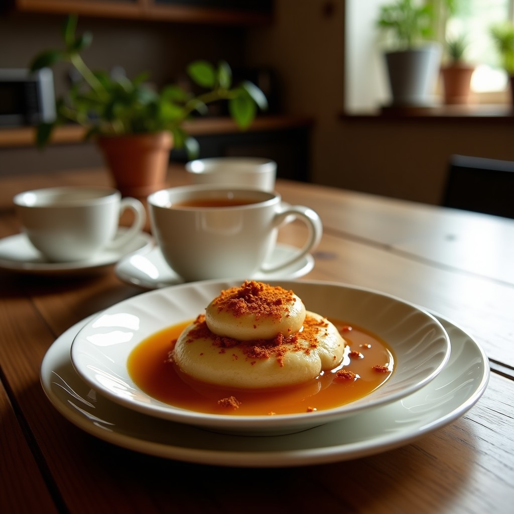 Taza de cerámica blanca humeante con té chai dorado, espolvoreado con túrmérico y canela, acompañada de rodajas de jengibre fresco y una ramita de canela sobre una mesa de madera rústica. Receta de té chai con túrmérico y jengibre en olla exprés.