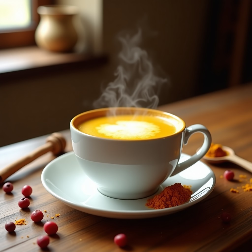 Taza de porcelana blanca con té dorado de cúrcuma y pimienta rosa, espumoso y humeante, servido sobre una mesa de madera rústica con especias esparcidas (pimientas rosas, canela en rama) y una cucharadita de miel al lado. Fondos borrosos con tonos cálidos que resaltan el color vibrante de la bebida antiinflamatoria viral.