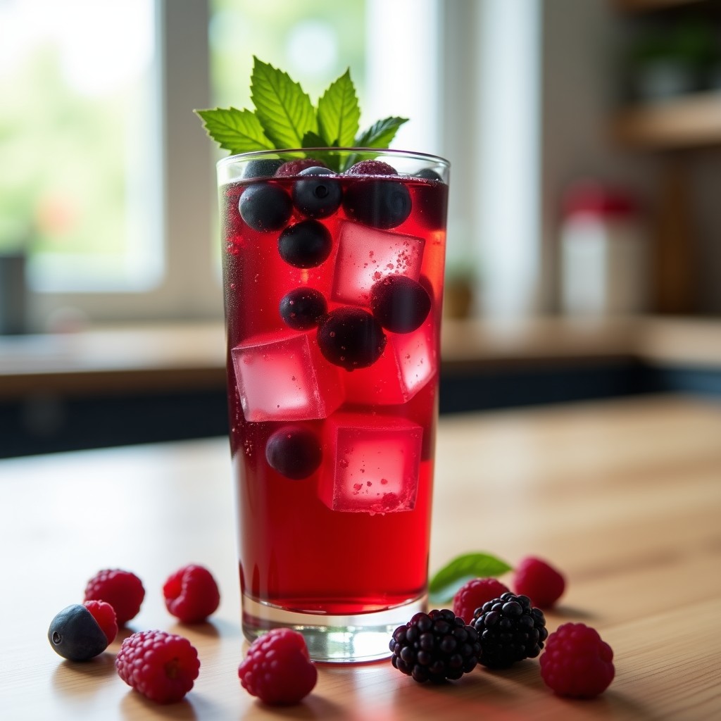 Vaso alto transparente con té frío de hibisco y frutos rojos, bebida detox sin azúcar de color rojo intenso, decorado con hojas de menta, frambuesas frescas y hielo, sobre una mesa de madera con fondo borroso.