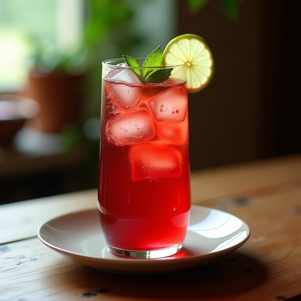 Vaso alto transparente con té frío de hibisco y maracuyá, burbujas de jengibre visibles, hielo grande, decorado con hoja de hierbabuena y rodaja de limón, fondo de mesa rústica mexicana con luz natural.